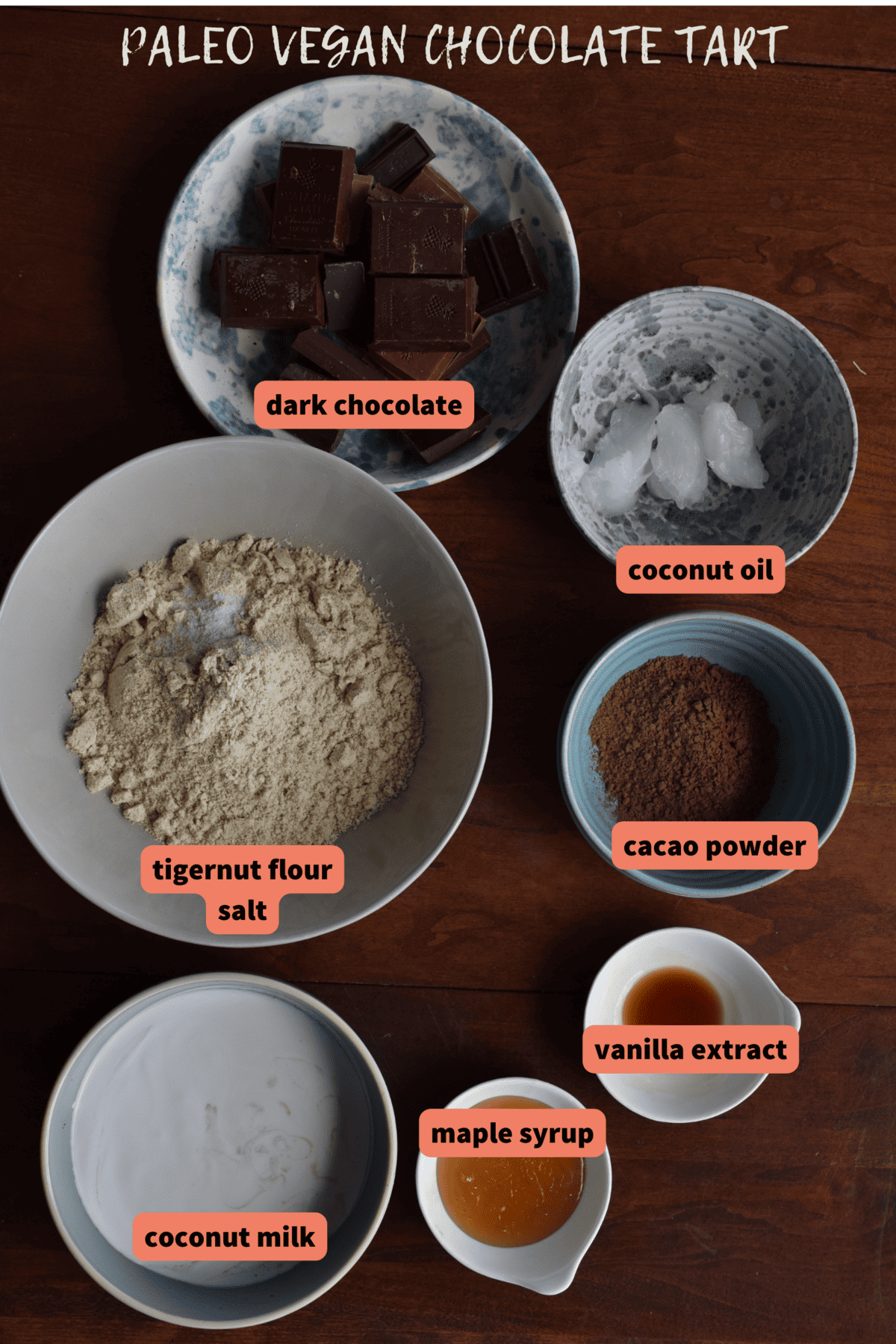 ingredients for paleo vegan tart on wooden table in bowls