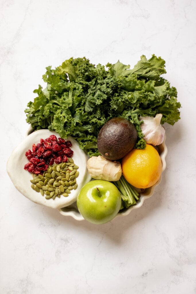 ingredients for the Gluten free, vegan 
 Fall Kale Salad with Crispy Tofu recipe