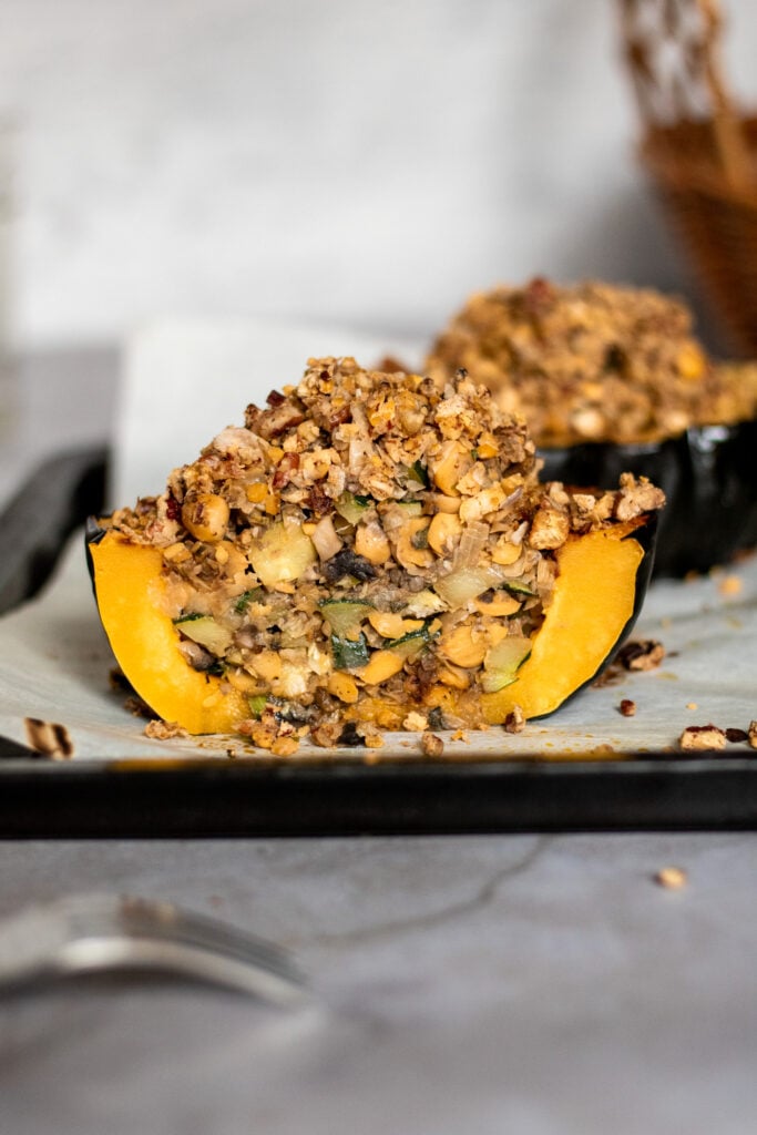 Gluten-free Zucchini and Mushroom Stuffed Squash with Pecan and Chickpea Crumble