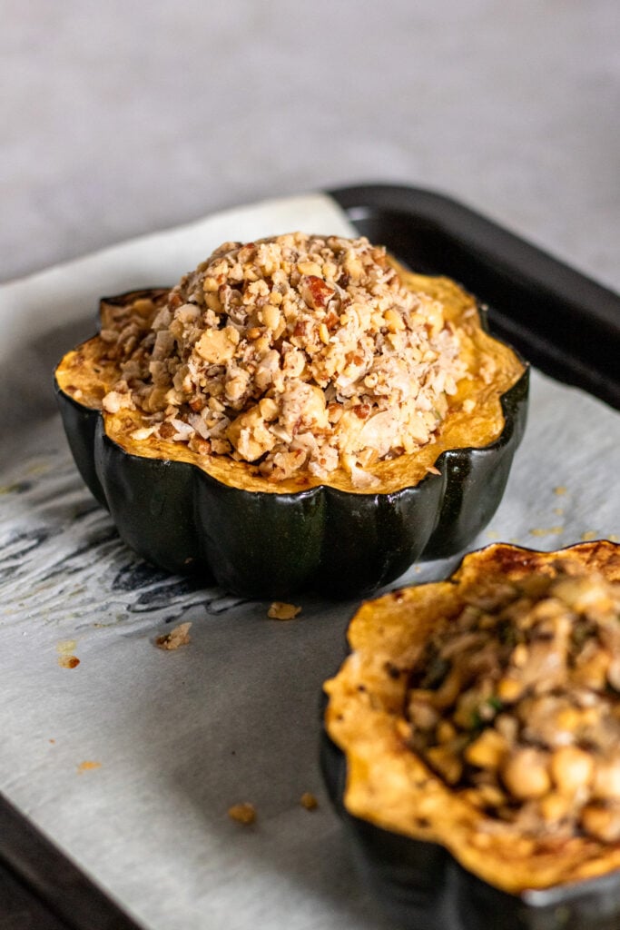 Gluten-free Zucchini and Mushroom Stuffed Squash with Pecan and Chickpea Crumble