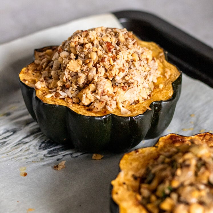 Gluten-free Zucchini and Mushroom Stuffed Squash with Pecan and Chickpea Crumble