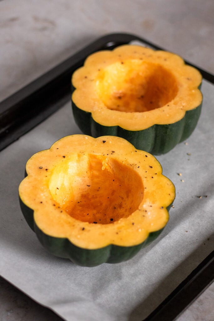 Gluten-free Zucchini and Mushroom Stuffed Squash with Pecan and Chickpea Crumble